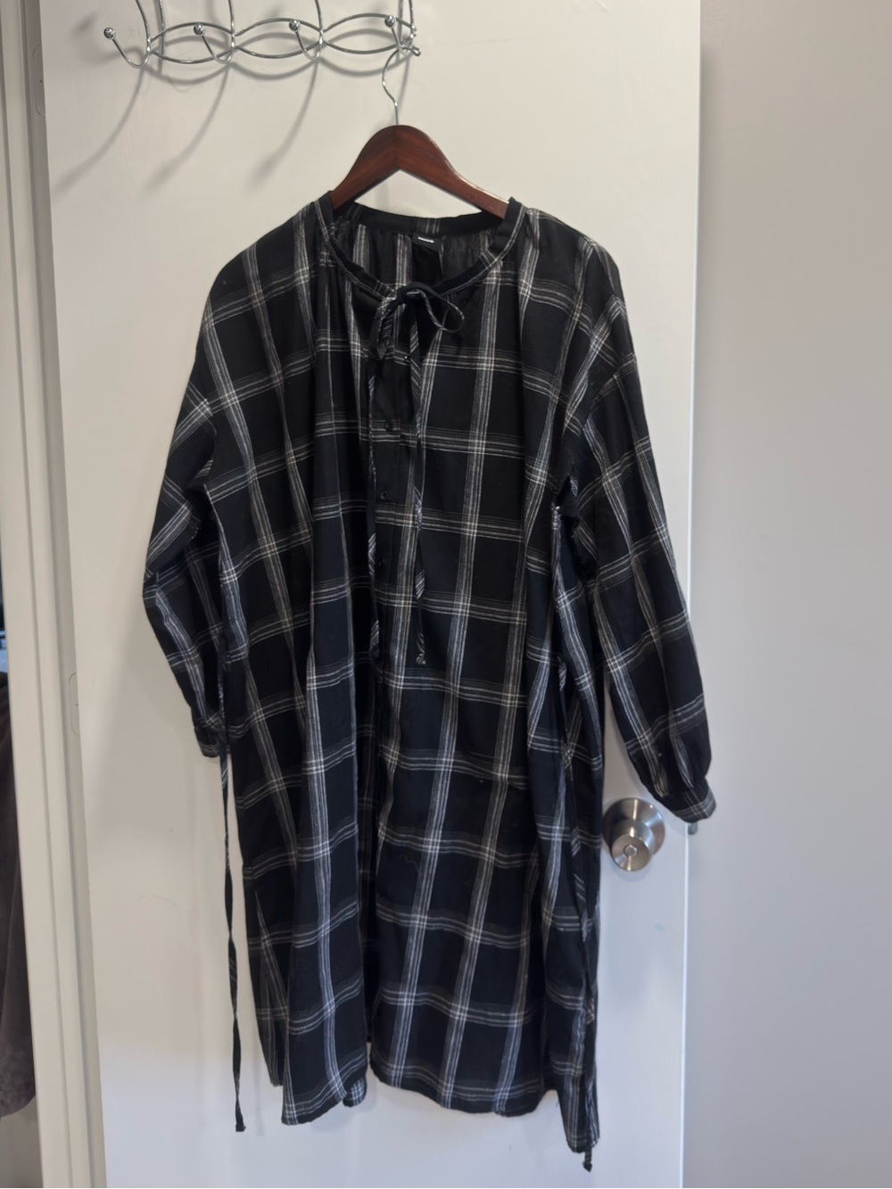 NUDE Black and White Plaid Tie-Neck Long Sleeve Dress